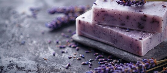 Canvas Print - Handmade soap with dried lavender flowers. Closeup. Eco-friendly, minimalistic, natural. Copy space image. Place for adding text or design