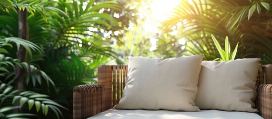 Poster - Comfortable pillow on sofa decoration outdoor patio with tropical and nature view. Copy space image. Place for adding text and design