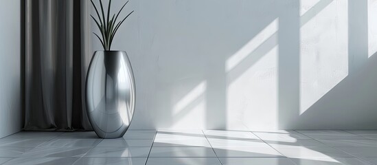 Poster - Silver Mirror Floor Vase in Black and White Bathroom. Copy space image. Place for adding text and design