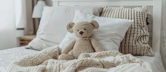 Poster - White baby bed with knitted blanket and a toy in a bedroom. . Copy space image. Place for adding text and design