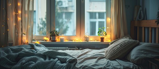 Poster - Bed in a cozy corner. Copy space image. Place for adding text and design