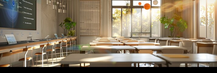 Poster - Modern classroom with interactive panels and AI assistants enhancing student learning. Bright, inviting space fosters dynamic environment. Generative AI