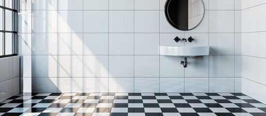 Sticker - a bathroom with a black and white checkered tile on the floor in front of the sink, mirror and shower stall. Copy space image. Place for adding text and design