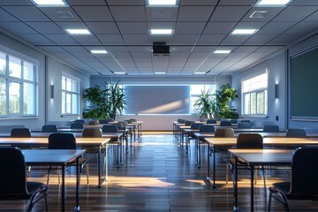 Fototapete - A modern, inviting classroom with interactive panels and AI assistants, creating a dynamic learning environment for students. Generative AI