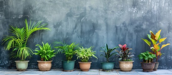 Poster - Green plants in pots near wall outdoors. Copy space image. Place for adding text and design