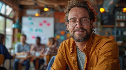 A recreational illustration of a reliable senior man who has a lot of experience is communicating friendly with the audiences who are sitting around him.