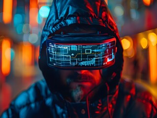 Poster - futuristic hacker wearing augmented reality glasses in a dark urban environment with glowing neon li