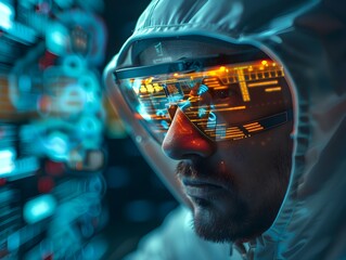 Poster - Hacker Using Augmented Reality Glasses for Futuristic Cyber Concept with Advanced Technology
