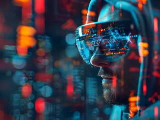 Poster - Futuristic Hacker Using Augmented Reality Glasses in Cyberspace Environment with Illuminated Digital Design