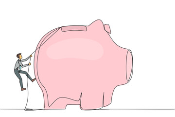 Poster - Single one line drawing businessman climbing piggy bank with rope. Entrepreneur working hard to make investments preparing for retirement. Smart worker. Continuous line design graphic illustration