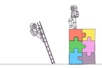 Poster - Single continuous line drawing the astronaut kicks opponent who climbing the puzzle with the stairs. Betrayed by colleague when successfully resolving a problem. One line design vector illustration