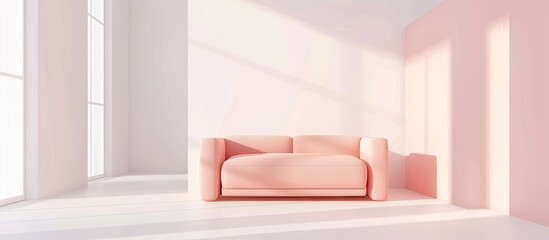 Poster - Peach sofa in a white room on a background of a white mirror. Bright interior. Copy space image. Place for adding text and design