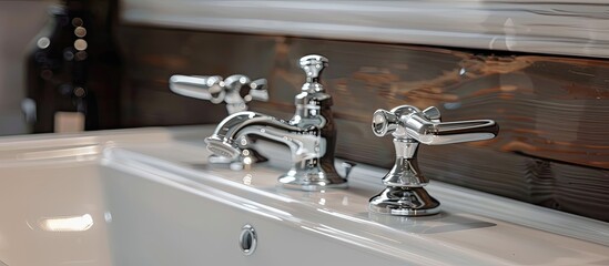 Sticker - a white bathroom sink with retro looking chrome faucets with elegant handles. Copy space image. Place for adding text and design