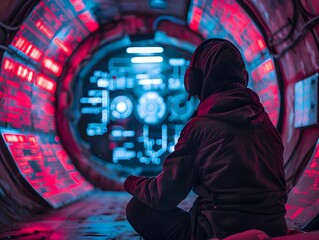 Poster - Hacker in High Tech Underground Bunker Surrounded by Advanced Technology