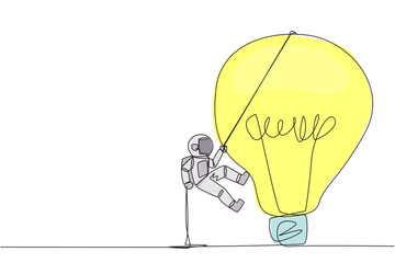 Poster - single one line drawing astronaut climbing lightbulb with rope. trying to reach high places to get u