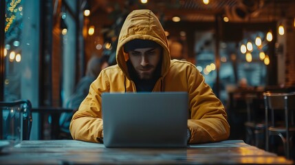 Poster - Hacker Coding in Cozy Coffee Shop at Night Technology Concept with Copy Space