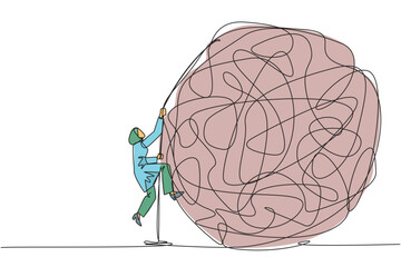 Poster - Continuous one line drawing Arab businesswoman climbs heavy mess circle with rope. Trying to lay anxiety at feet for clarity of thought. Smart work hard. Single line draw design vector illustration