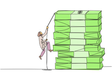 Poster - Continuous one line drawing Arabian businesswoman climbs stack of banknotes with rope. Hard worker raise capital to create new business. For better future life. Single line design vector illustration