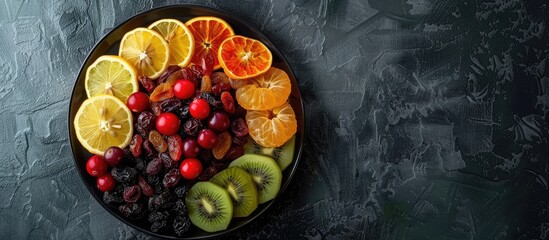 Canvas Print - Dried fruits and berries on a plate top view. Lemons, oranges, raisins, cranberries, kiwi, cherries, plums, dried apricots, tangerines, dates, mango, pineapples. Copy space image