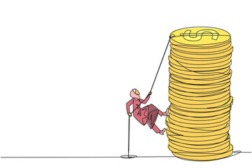 Poster - Single continuous line drawing Arab businesswoman climbs stack of coins with rope. Entrepreneur trying hard climbing the rope to reach top of coins. Better future. One line design vector illustration
