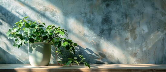 Poster - creeping green fresh ficus pumila plant in ceramic planter at home, sunlight. greenery at home, clim