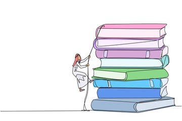 Poster - single one line drawing arab businessman climbing a pile of books with a rope. try hard to gain new 