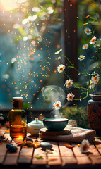 Wall Mural - A cup of steaming tea sits on a wooden table with a bottle of liquid, flowers, and soft sunlight streaming through a window