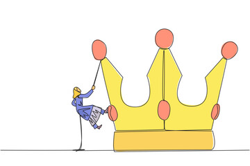 Poster - Single continuous line drawing Arabian businesswoman climbs the crown with rope. Prepare for better life by working hard to achieve highest position. Hard worker. One line design vector illustration