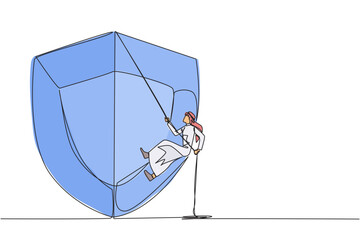 Poster - continuous one line drawing arab businessman climbs shield with rope. works to help clients secure d