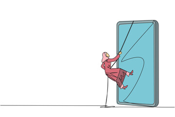 Poster - Single one line drawing Arab businesswoman climbs smartphone with rope. Improve business relationship. Massively contact colleague. Connected to each other. Continuous line design graphic illustration