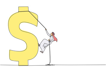 Poster - Single continuous line drawing Arabian businessman climbs dollar symbol. Metaphor looking for extra money because of high needs. Smart work combined with hard work. One line design vector illustration