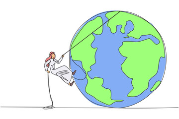Poster - Continuous one line drawing Arab businessman climbs globe with rope. Trying dominate world with massive business expansion. Success reach top of the world. Single line draw design vector illustration