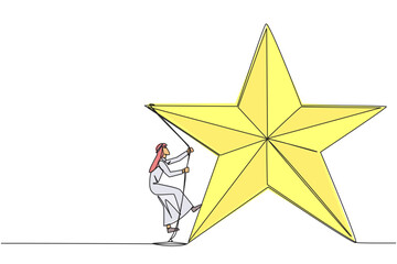 Poster - Single continuous line drawing Arabian businessman climbing star with rope. Entrepreneurs strive extra hard to reach the goals hang in the stars. Dream come true. One line design vector illustration
