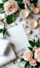 A flat lay featuring a blank white card surrounded by pink roses, candles, and stones on a marble background