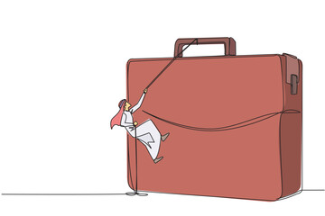 Poster - continuous one line drawing arab businessman climbs briefcase with rope. metaphor for building busin