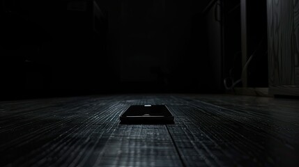 Wall Mural - a photo of a blinking smart phone on the floor of a completely dark totally black room