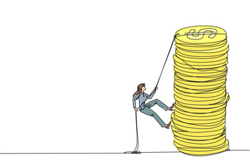 Poster - Single one line drawing businesswoman climbs stack of coins with rope. The entrepreneur trying hard climbing the rope to reach top of coins. Better future. Continuous line design graphic illustration