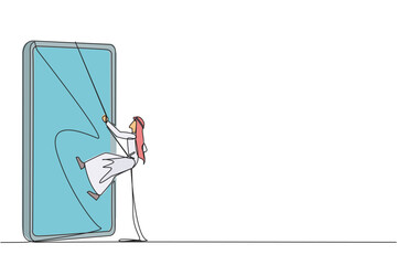 Poster - single continuous line drawing arab businessman climbs smartphone with rope. improve business relati
