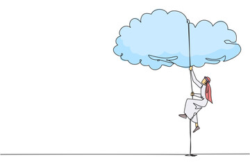 Poster - Continuous one line drawing Arab businessman climbing clouds with rope. A metaphor for hanging dreams sky high. Ultimate success. Hard worker. Work smarter. Single line draw design vector illustration
