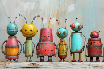 A group of robots are standing next to each other, with one of them being a yellow robot. The robots are all different colors and sizes, and they all have a smile on their faces