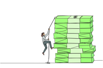 Poster - Single continuous line drawing businesswoman climbs stack of banknotes with rope. The hard worker to raise capital to create a new business. For better future life. One line design vector illustration