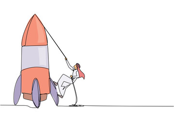Poster - Single one line drawing Arab businessman climbs rocket with rope. Set the intention to open a new branch. Work hard to expand the business. Smart hard work. Continuous line design graphic illustration