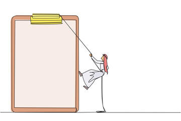 Poster - Single continuous line drawing Arabian businessman climbing clipboard with rope. Extra effort to work on reports optimally. The final report is awaited. Work hard. One line design vector illustration