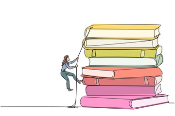 Poster - single continuous line drawing businesswoman climbing a pile of books with a rope. try hard to gain 