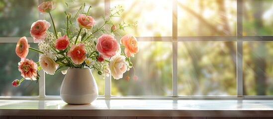 Wall Mural - Vase of flowers by the window. Copy space image. Place for adding text and design