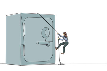 Poster - continuous one line drawing businesswoman climbs safe deposit box with the rope. helps secure import