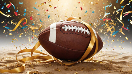 American football ball on gold background with gold confetti and ribbons for poster or banner design. American football sport championship