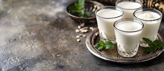 Wall Mural - Glass cup of Turkish traditional drink ayran , kefir or buttermilk made from yogurt, healthy food. Copy space image. Place for adding text or design