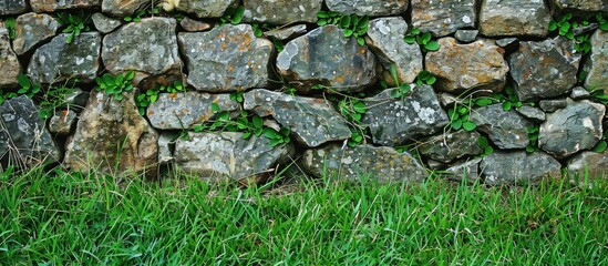 stone wall on green grass . Copy space image. Place for adding text and design