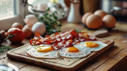 Wall Mural - Eggs and bacon on kitchen counter